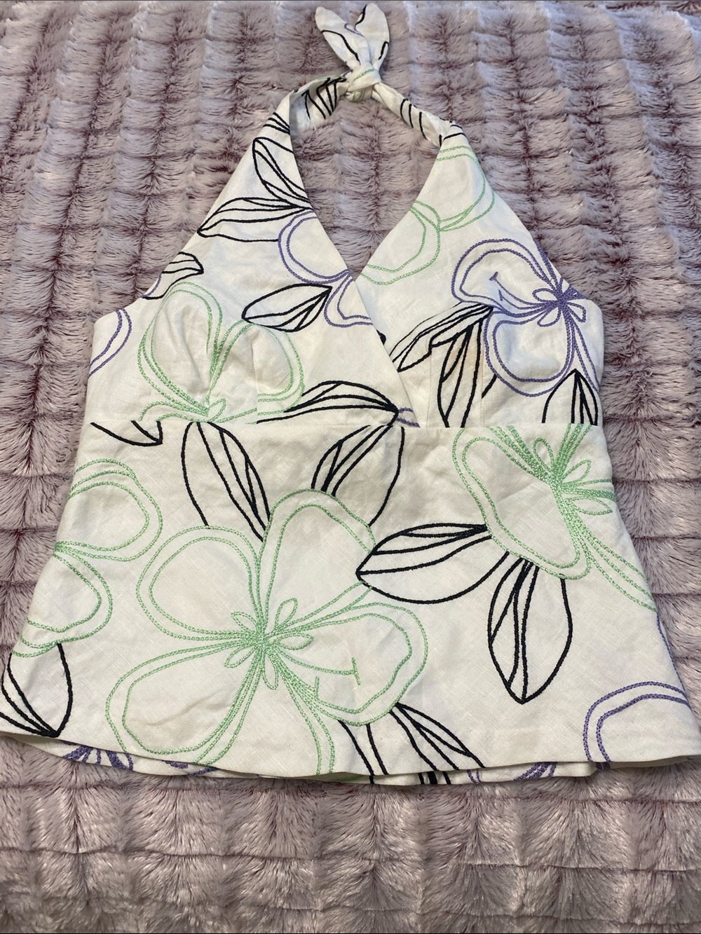 LOFT White Halter Camisole with Green, Black & Purple Floral Print